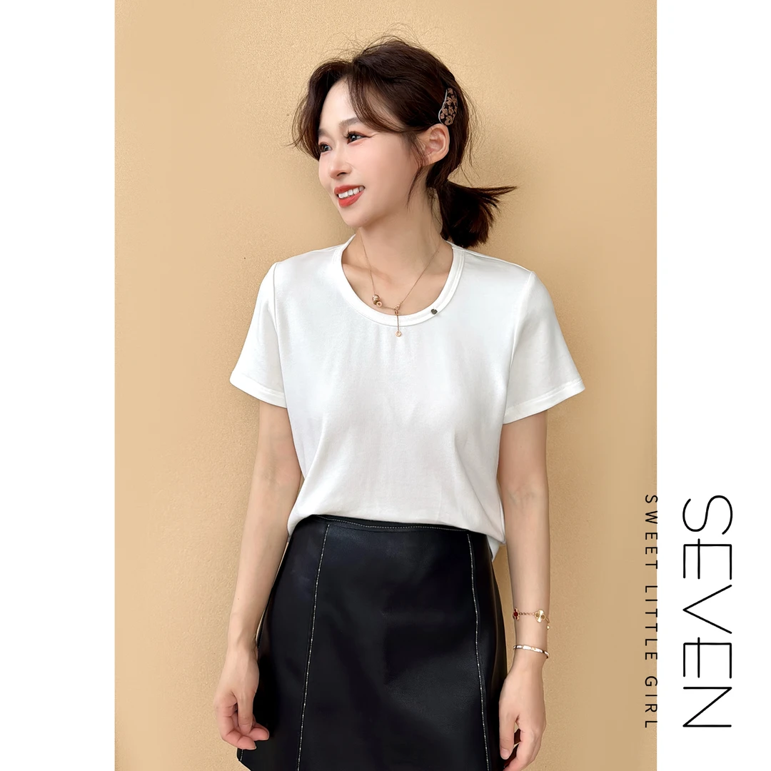 纽扣百搭T⑧七七146小个子早秋新款简约纯色宽松短袖T恤女装小美说