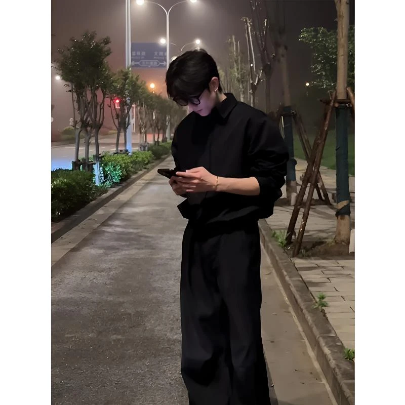 那不勒斯黑色衬衫男款秋季冷淡系长袖衬衣英伦雅痞高级感男装外套