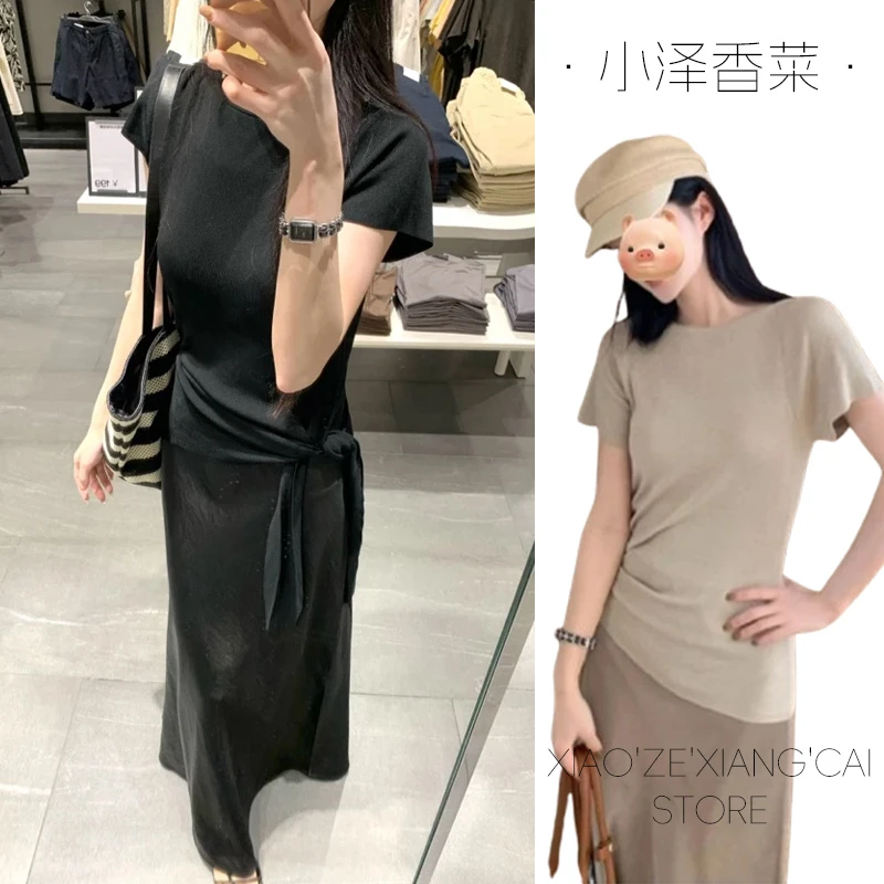 黑色正肩冰丝针织短袖T恤女夏季独特漂亮初夏收腰绑带设计感上衣