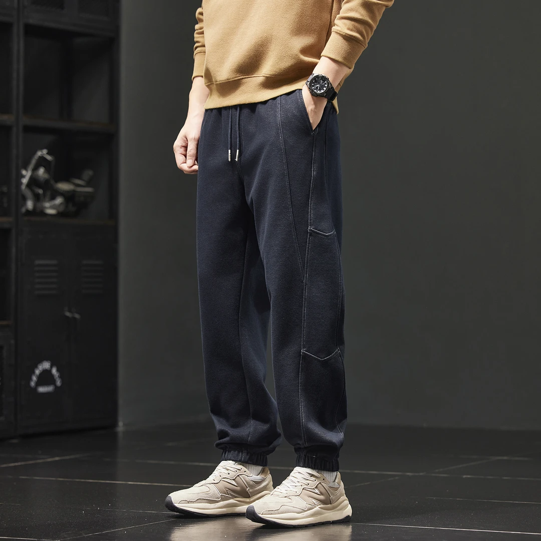 法国Cebrodz美式复古拼接牛仔裤男秋季宽松弹力束脚工装休闲裤