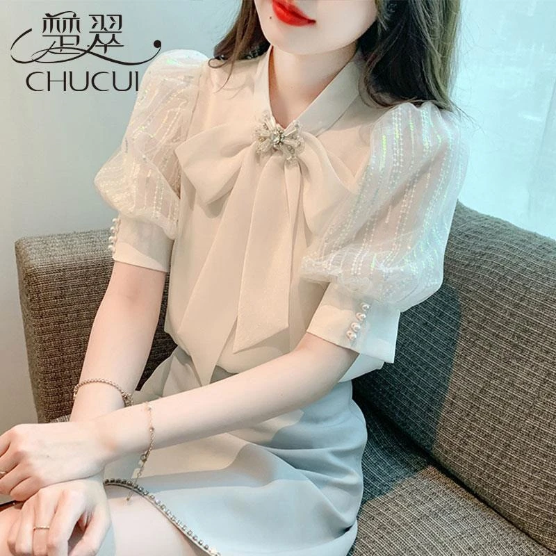 雪纺短袖衬衫女士夏季减龄洋气小衫2025新款潮牌T恤衫泡泡袖上衣