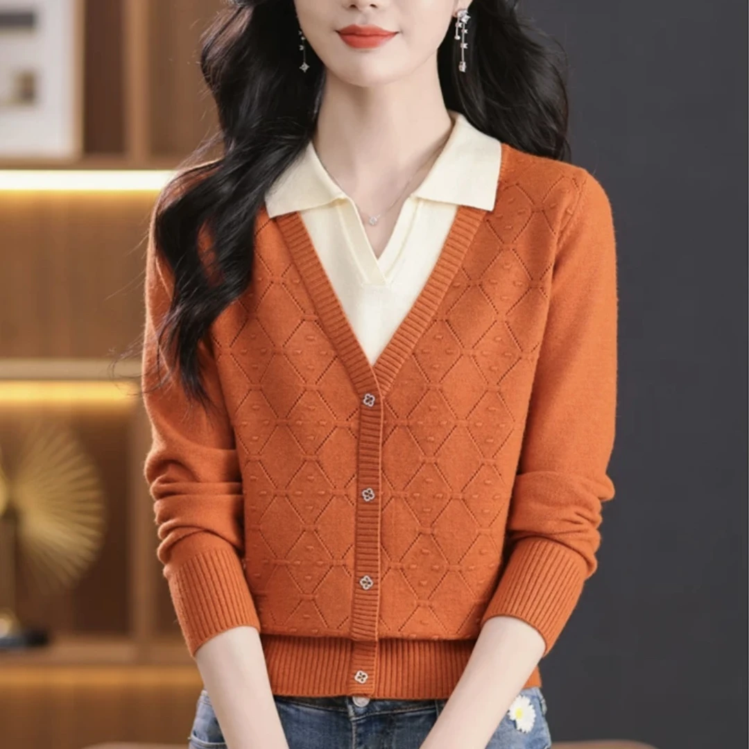 现货【90-160斤】早春新款洋气针织衫女高品质打底时尚假两件C-18