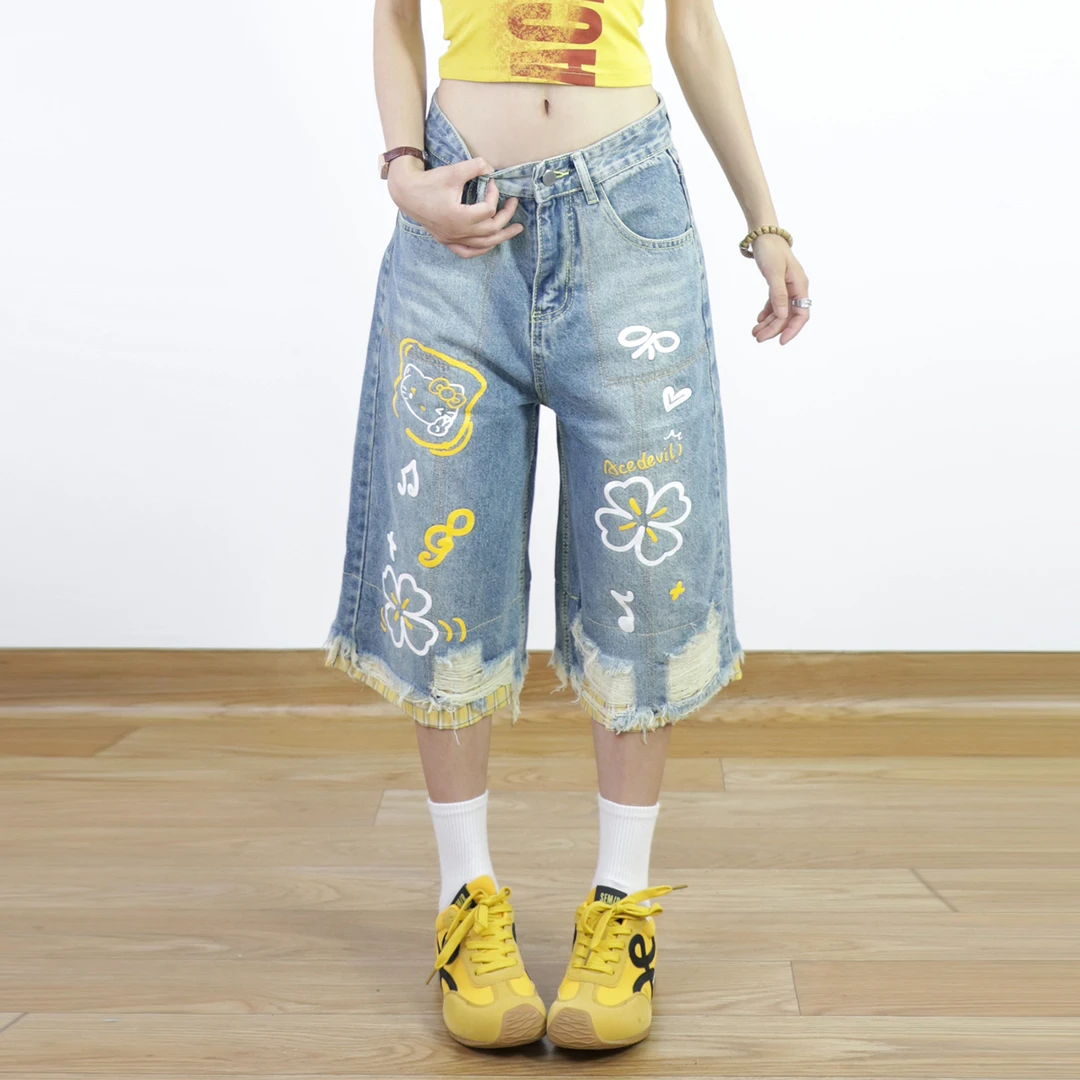 300斤大码女装夏季破洞格子直筒牛仔短裤胖mm印花百搭宽松七分裤