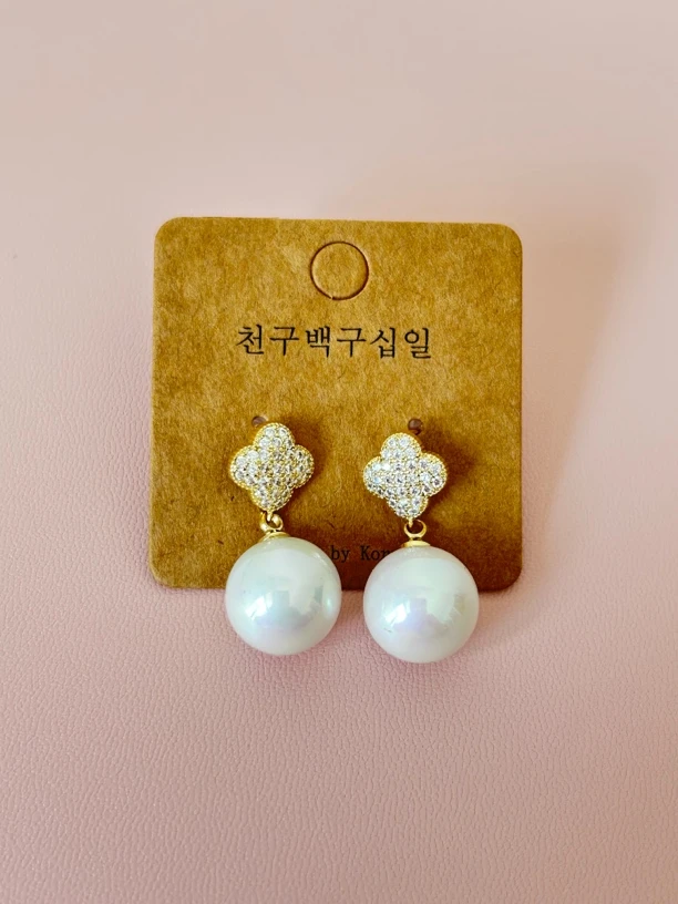 合金耳饰 四叶草满锆珠珠耳坠