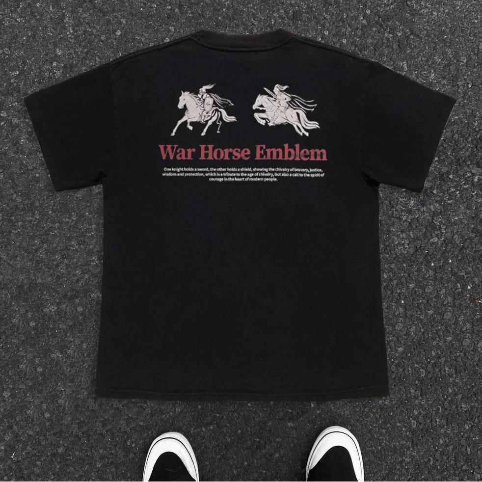 美式复古战马印花夏季260g重磅短袖T恤男ins潮牌设计感小领口上衣