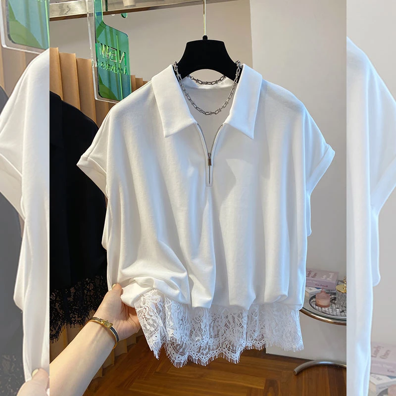 韩版设计感下摆蕾丝拼接POLO领T恤短袖高级减龄宽松夏上衣女体恤