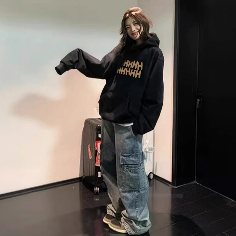 胖mm300斤黑色连帽卫衣女冬加绒穿搭高级感oversize美式高街上衣