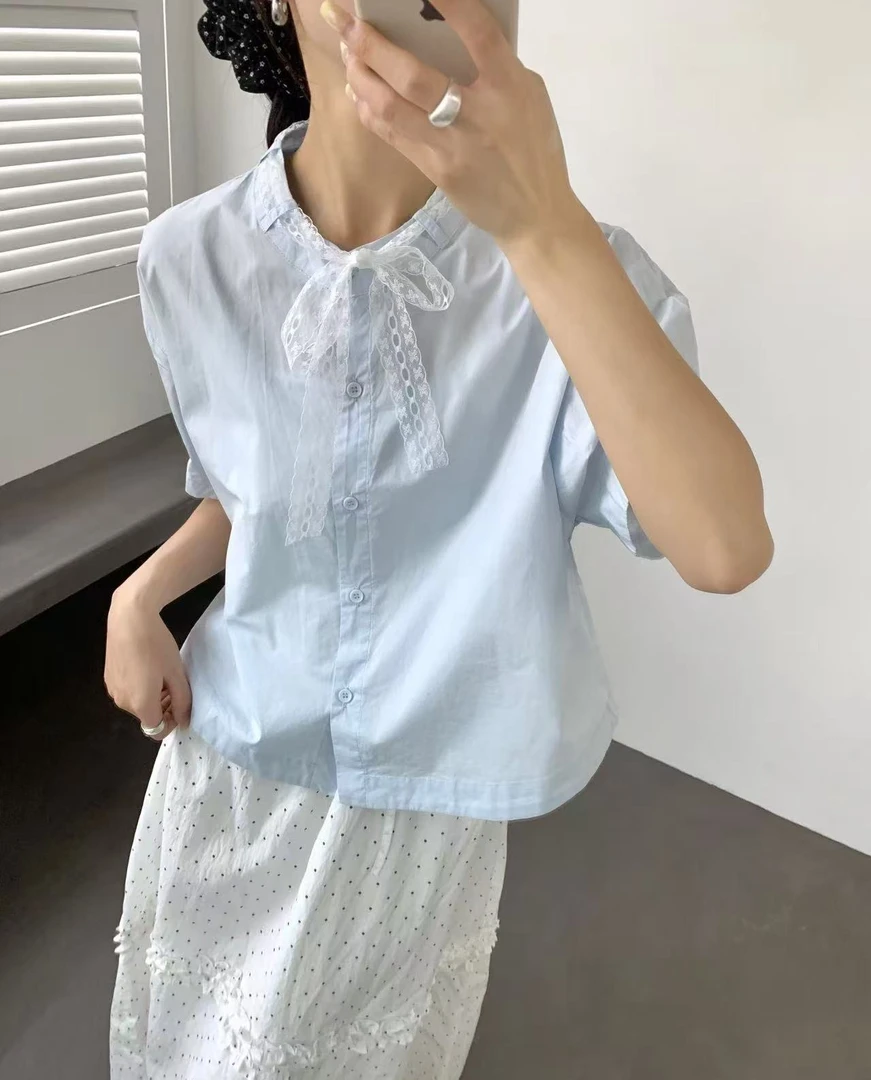 FUJIA STYLE新款韩版简约纯色时尚蕾丝领带短袖衬衫Y25216