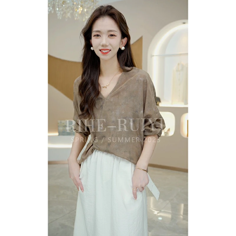 R H  温婉国风！2024气质显瘦设计印花双绉桑蚕丝衬衫152S3700-2
