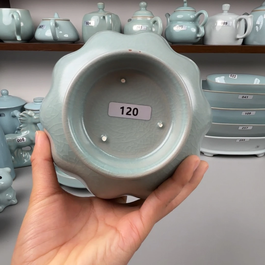 陶摆件汝瓷莲花碗支钉烧仿古釉大瑕不退不换120