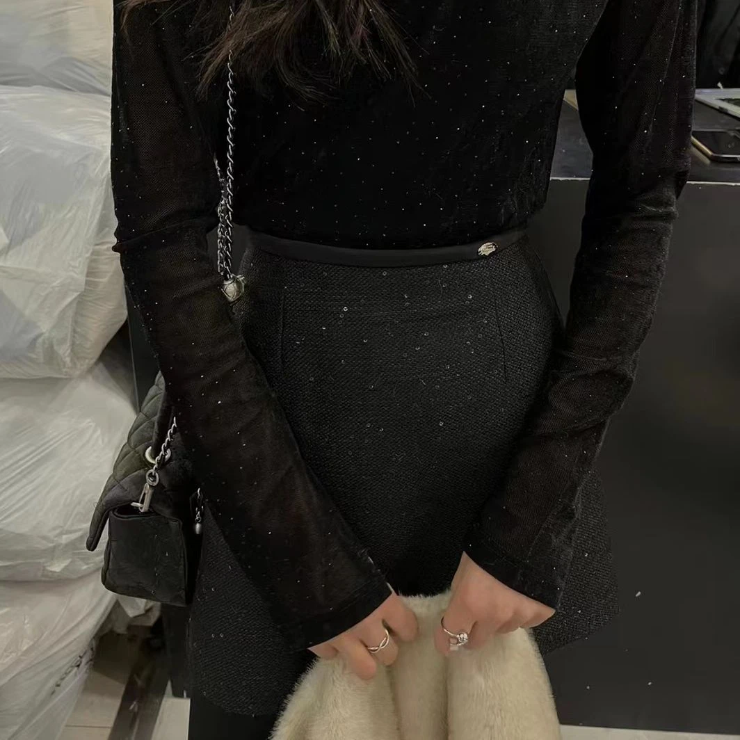 KIKI严选：9905-欧货春季新款原创潮牌拼接亮丝休闲百搭半身裙