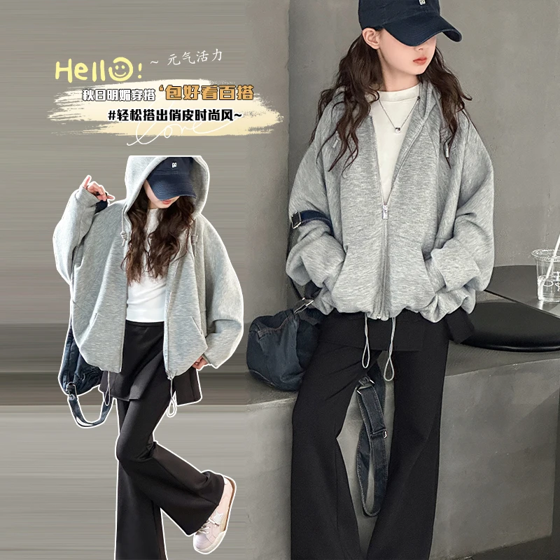 女童套装秋季2025新款中大童洋气连帽外套儿童春秋装喇叭裤两件套