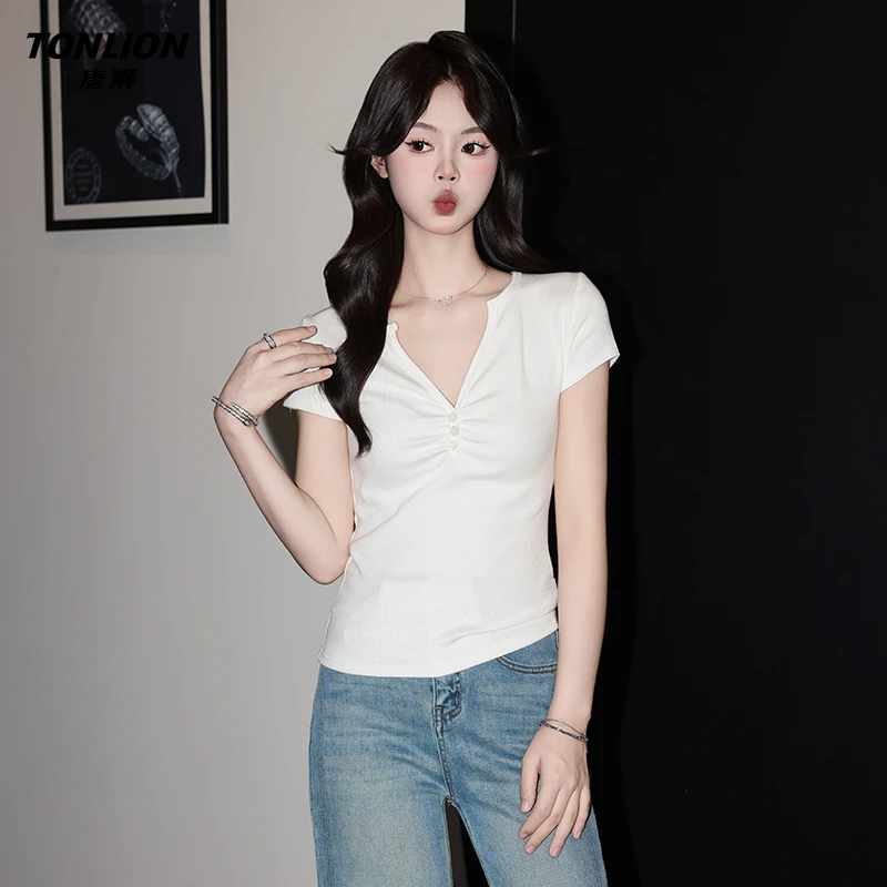 唐狮夏日休闲百搭白色小V领正肩T恤女设计感掐腰短袖小衫修身上衣