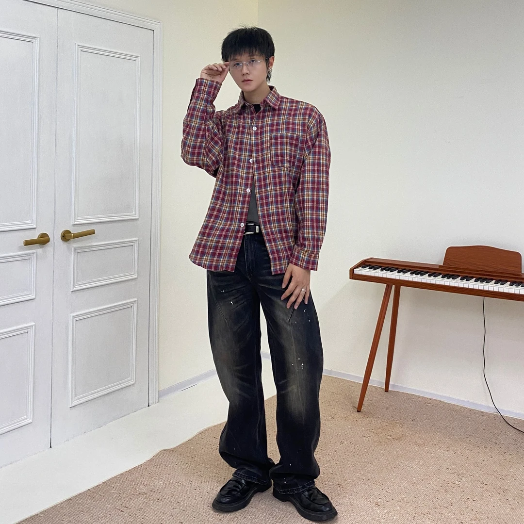 美式复古撞色格纹长袖衬衫男秋季基础格子百搭潮流衬衣情侣休闲