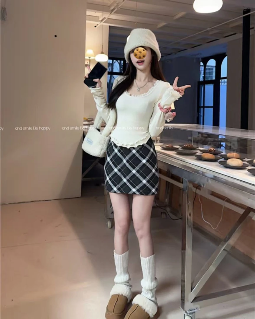 801秋季新款韩系纯欲蕾丝拼接不规则长袖T恤上衣格子半身裙套装