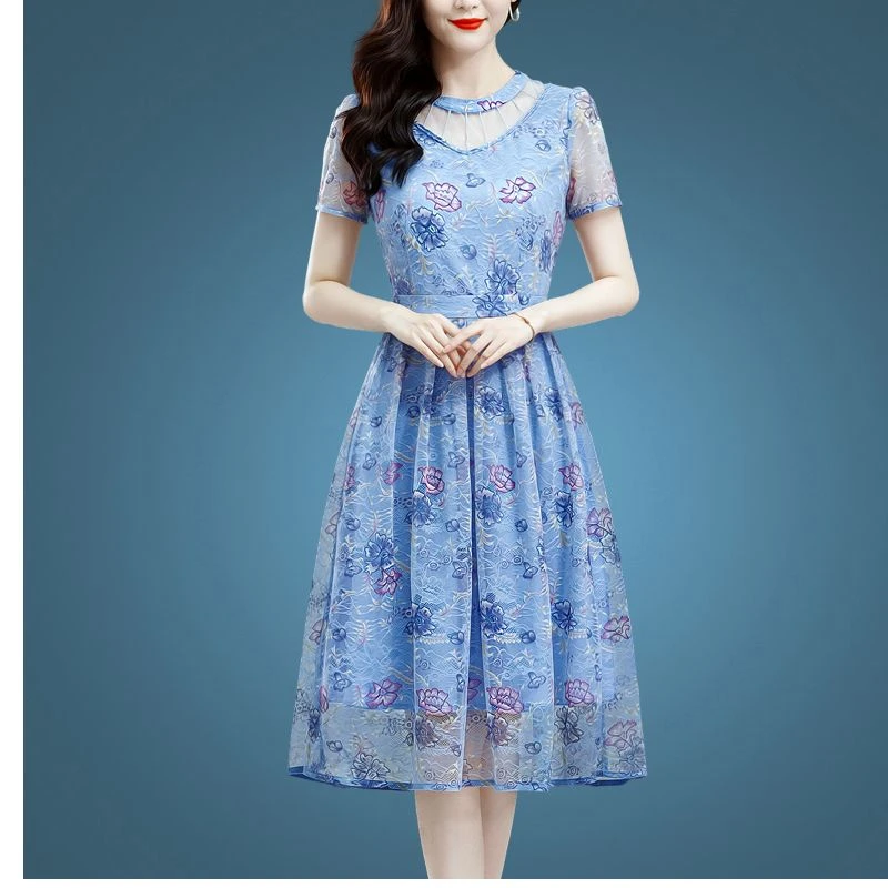 【品牌特价】40016高端印花过膝裙子夏流行女装收腰网纱连衣裙