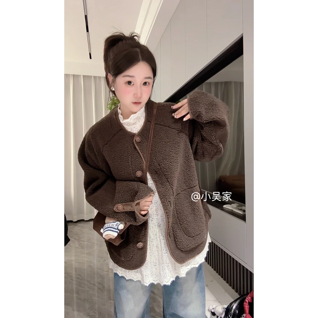 「小吴家」韩系羊羔毛外套宽松超慵懒风短款外套胸围遮肉显瘦