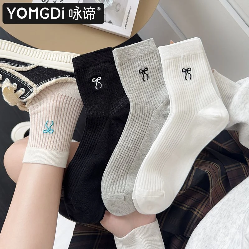 芭蕾风刺绣蝴蝶结堆堆袜子女夏季薄款透气白色网眼中筒袜甜美短袜