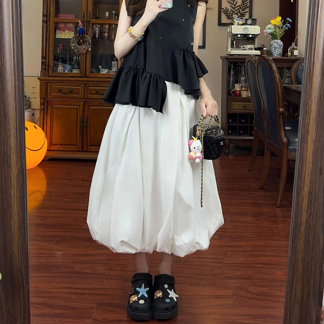 白色休闲花苞裙裤女夏季新款胖妹妹mm高腰遮胯显瘦梨型身材阔腿裤