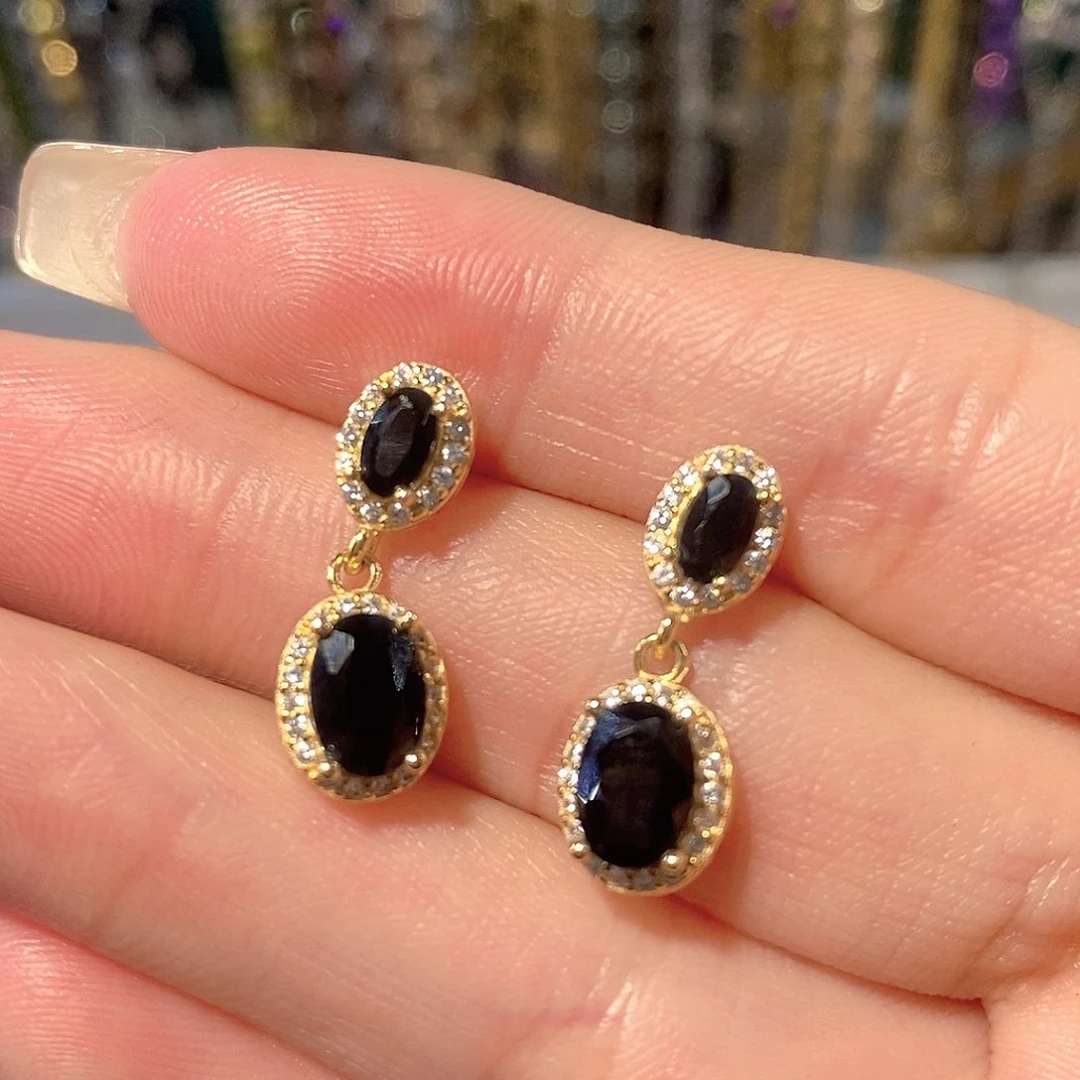 蓝宝石耳饰银S925镶嵌