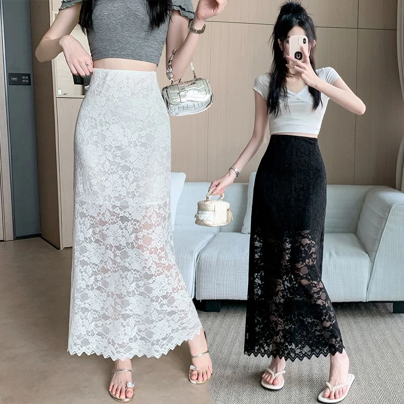 实拍蕾丝网纱半身裙女夏季2025新款气质高腰显瘦垂感a字包臀长裙