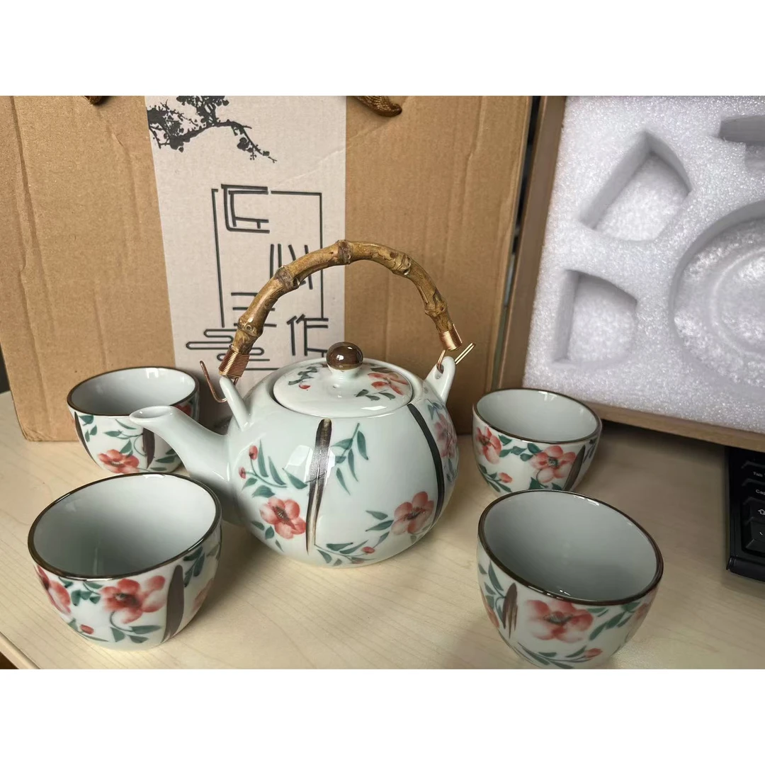 手绘高温家用大容量茶具套装一壶四杯陶瓷茶壶茶杯秋语花卉HS