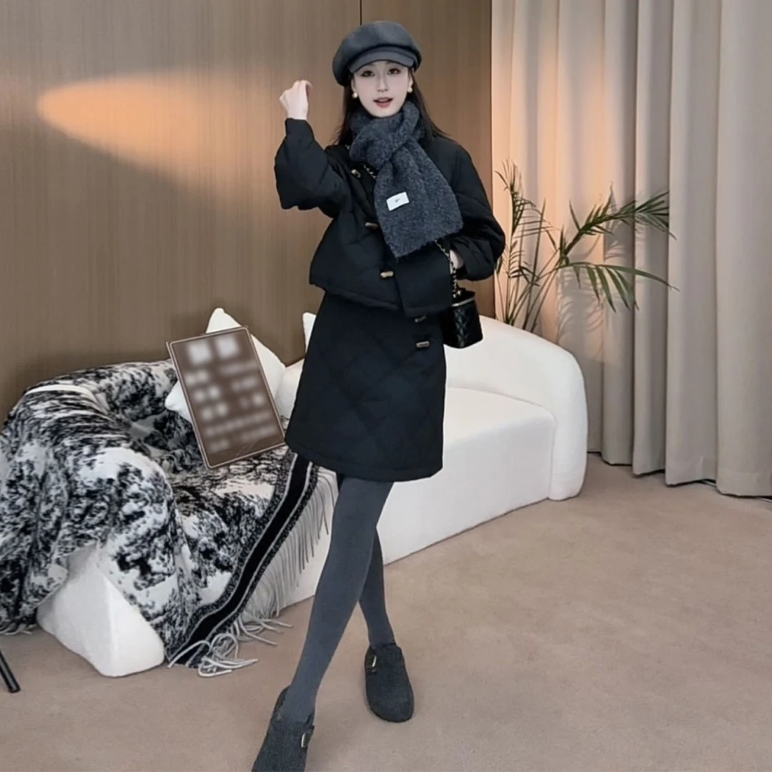 韩系高级感黑色上衣外套女秋冬季2025新款高腰显瘦半身短裙子套装