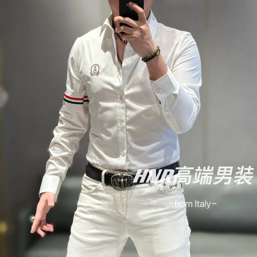 高端比马棉面料立体织带绕臂设计刺绣小胸标男士衬衫25862