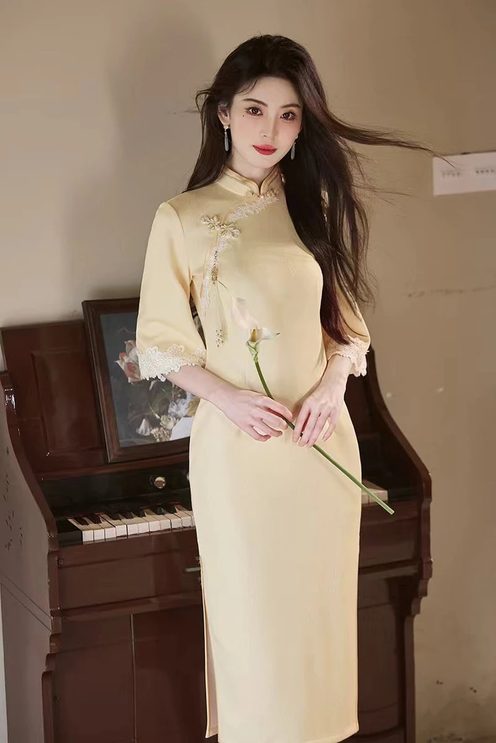 Q216 中袖日常长裙包臀裙花型盘扣旗袍网红中国风时尚少女