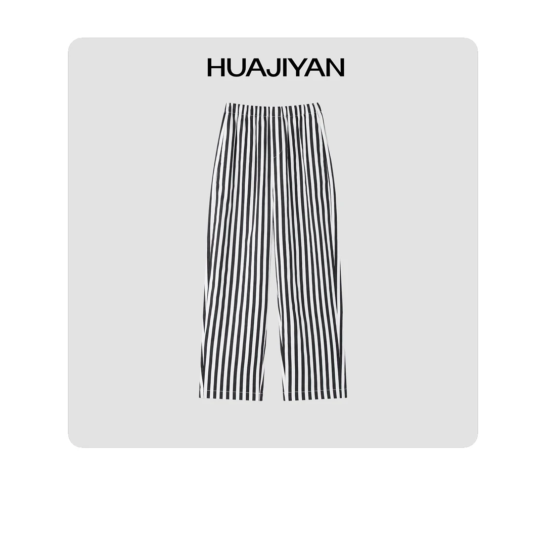 华吉言/HUAJIYAN【斑马线】经典黑白条纹松紧腰阔腿休闲裤