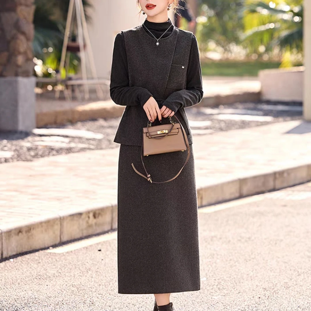 女士气质套装裙春季新款马甲打底衫半身裙三件套2582