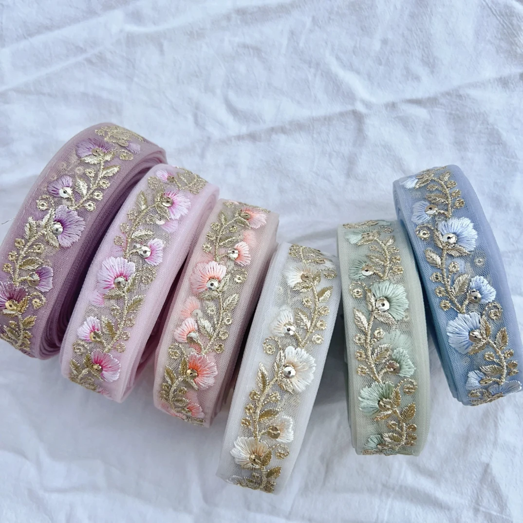 刺绣丝带网纱底金线花朵刺绣DIY手工服饰发饰花边宽2.5cm