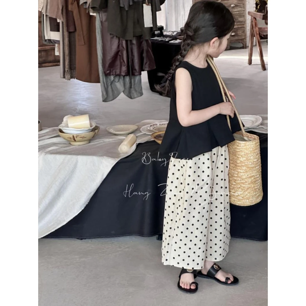 女童套装2024夏款女童无袖荷叶边衬衫点点休闲女童亲子度假连衣裙