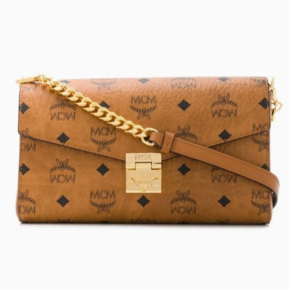 99新 MCM 新款皮拼链条包中号干邑色/LX00317