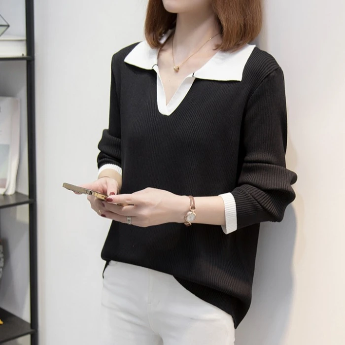 设计感撞色polo领长袖针织打底衫秋冬胖mm大码宽松遮肚子洋气上衣