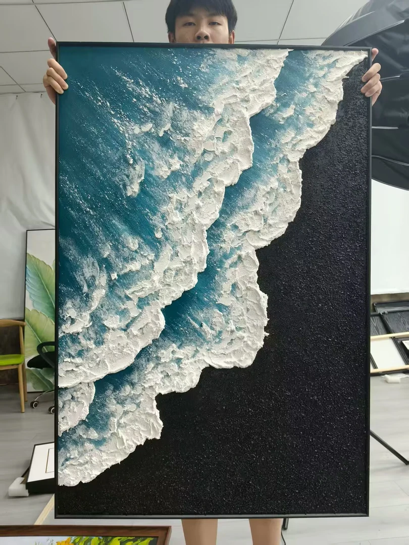 手绘肌理海浪油画客厅餐厅装饰画沙发背景壁画卧室轻奢玄关画Y36