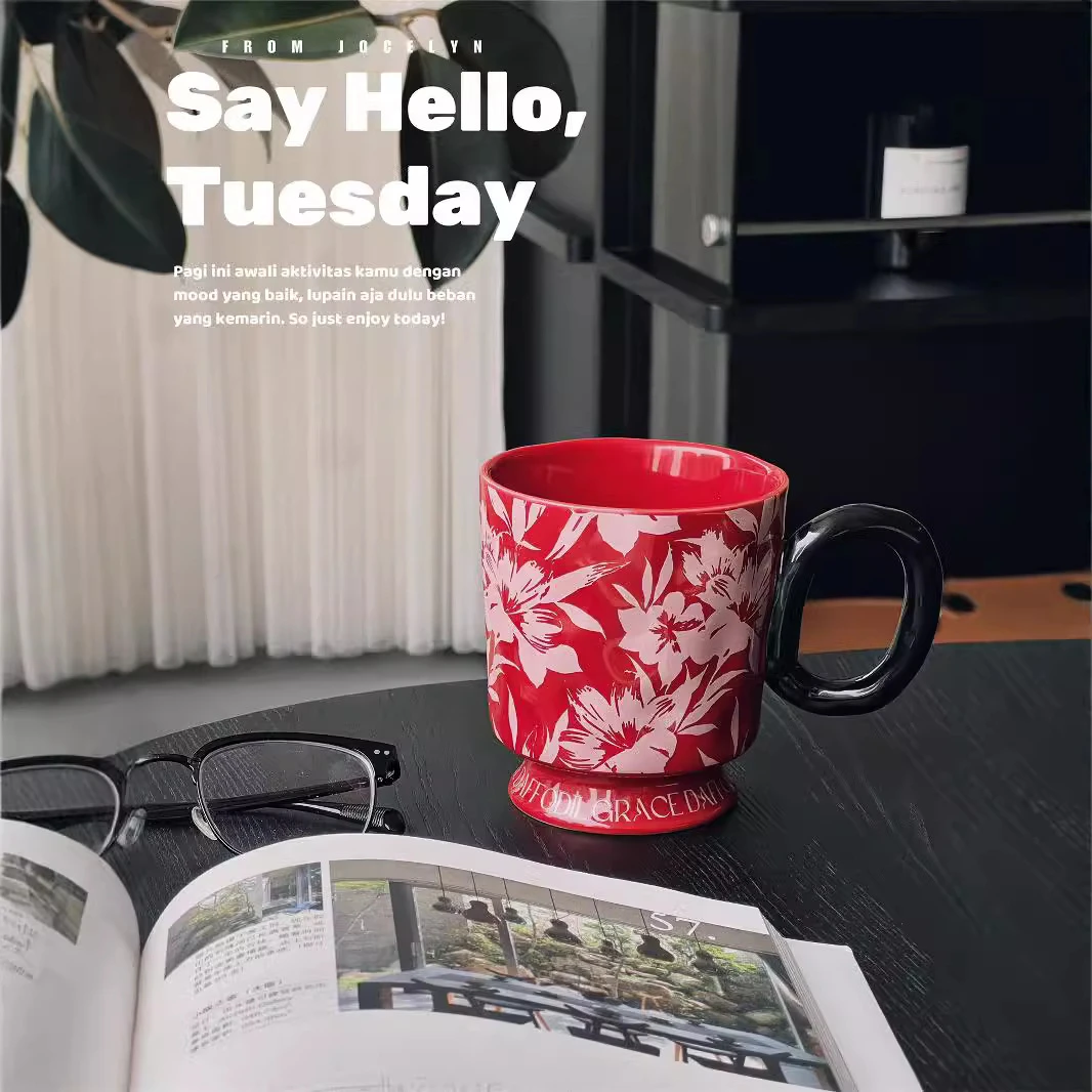 复古陶瓷喝水杯子高颜值高脚杯情侣马克杯咖啡杯大容量早餐牛奶杯