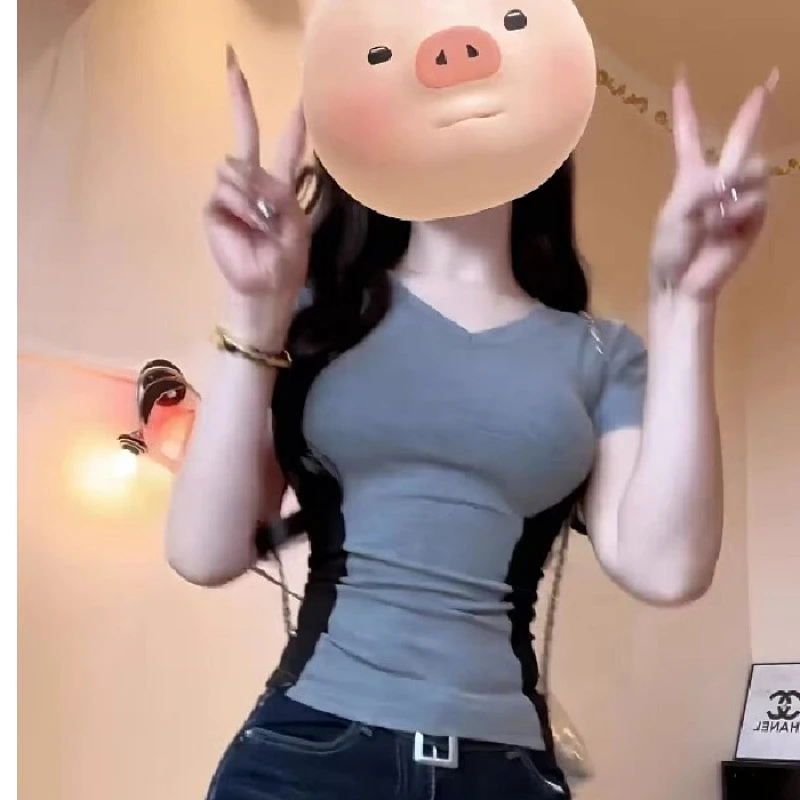 美式复古正肩短袖体恤女夏季2025显瘦修身辣妹上衣