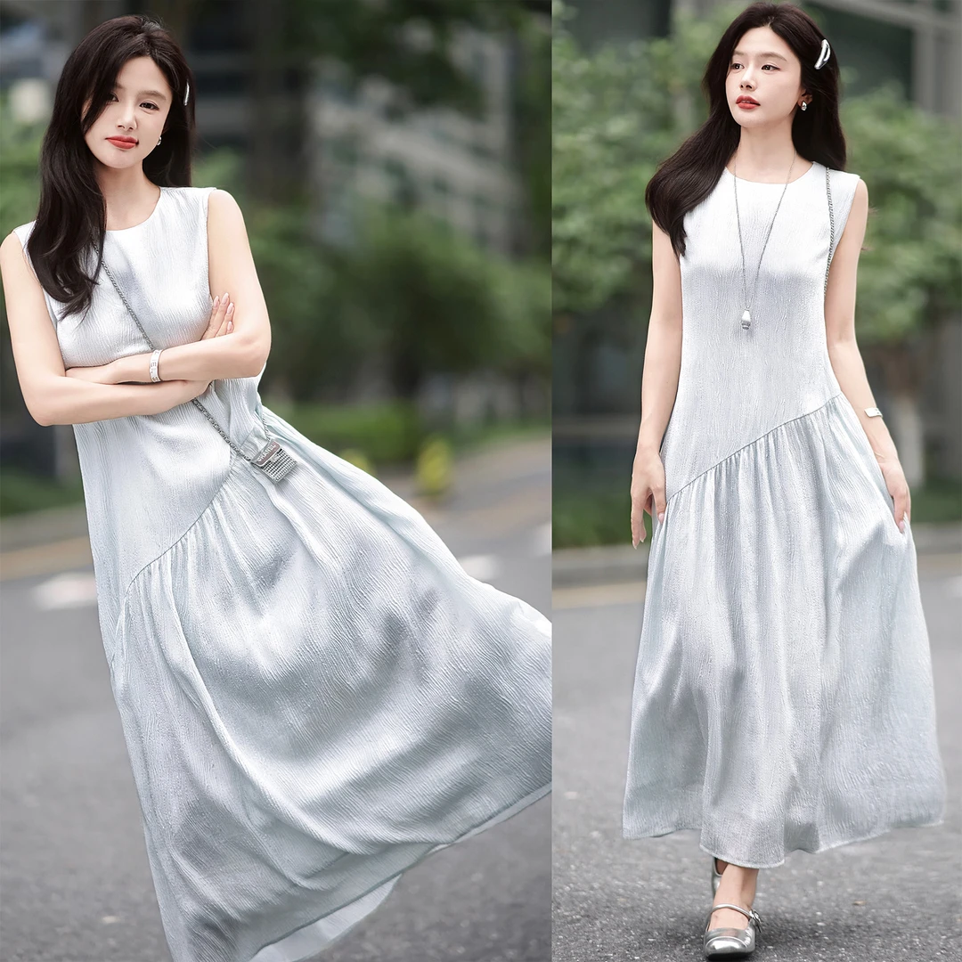 【赵大喜】现货！海盐汽水连衣裙 | 真.丝波纹绉/100天丝里圆领/无袖