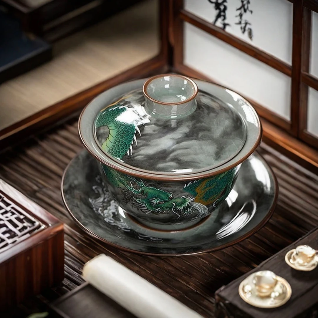 粉彩墨龙高端盖碗茶具单个泡茶碗防烫手三才茶杯茶碗