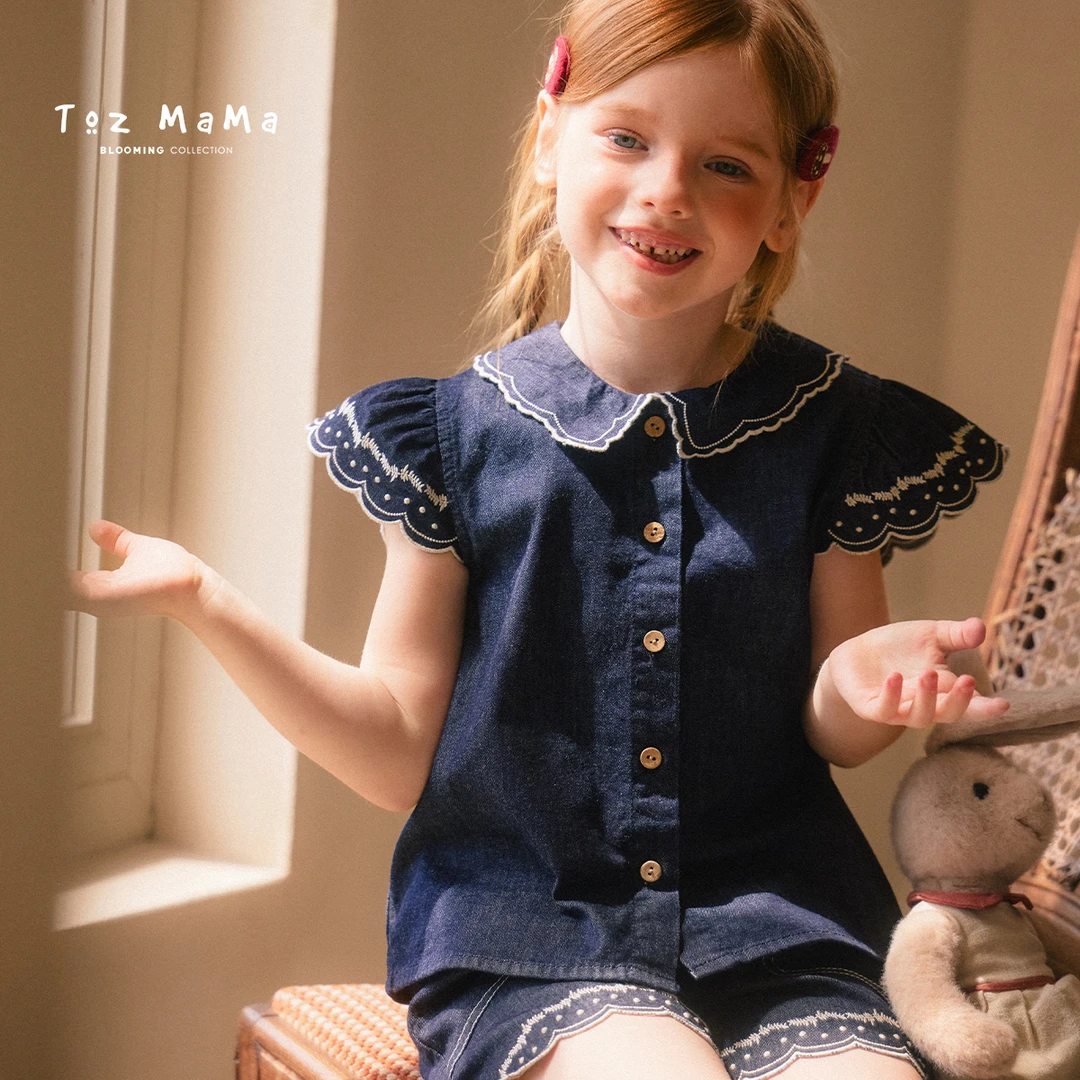 Toz Girls豆几妈5/28女童飞袖绣花牛仔小衫牛仔短裤两件套套装夏