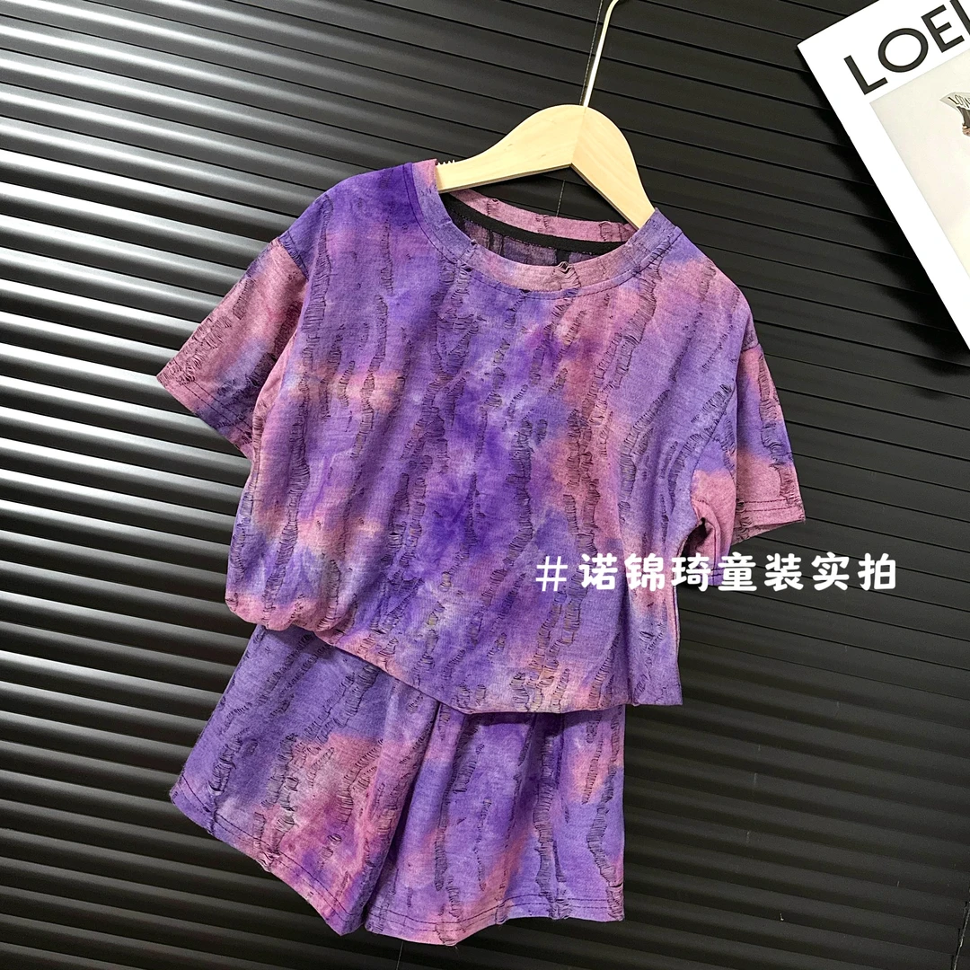 女童扎染套装2026夏季新款大童渐变宽松短袖T恤休闲中裤两件套潮