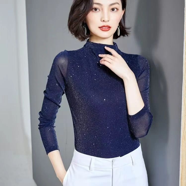 新款2025打底网纱洋气显瘦亮闪闪时尚百搭上衣长袖女002