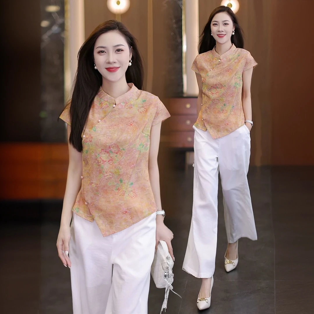 夏季新中式透气提花盘扣设计感上衣显瘦中国风时尚单排扣气质修身