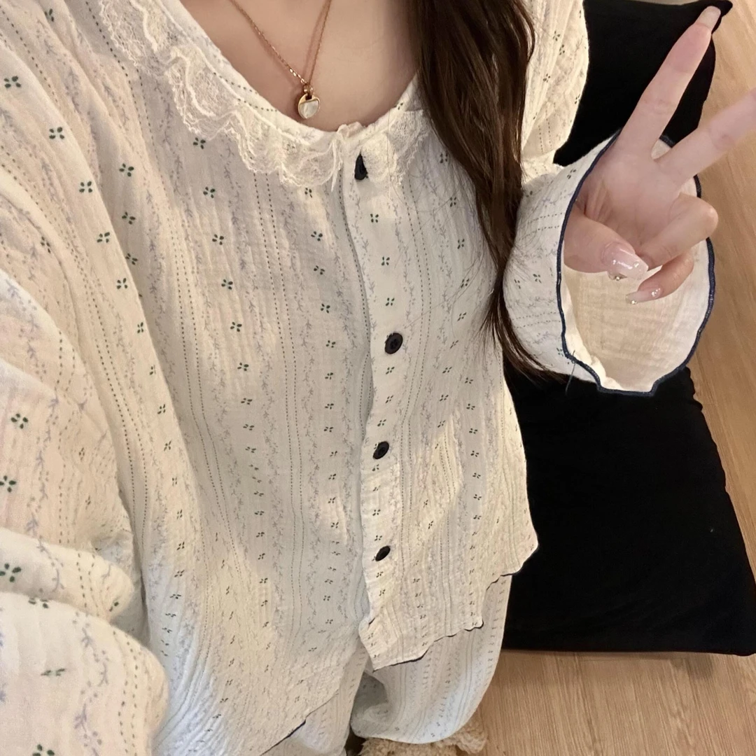 甜美小清新碎花棉纱睡衣女2025春秋新款大码长袖长裤可外穿居家服