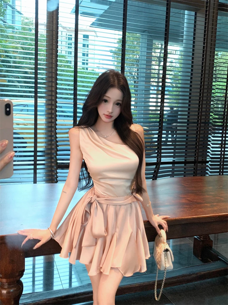 纯欲高级感套装女夏季法式荡领吊带上衣绑带a字半身短裙子两件套