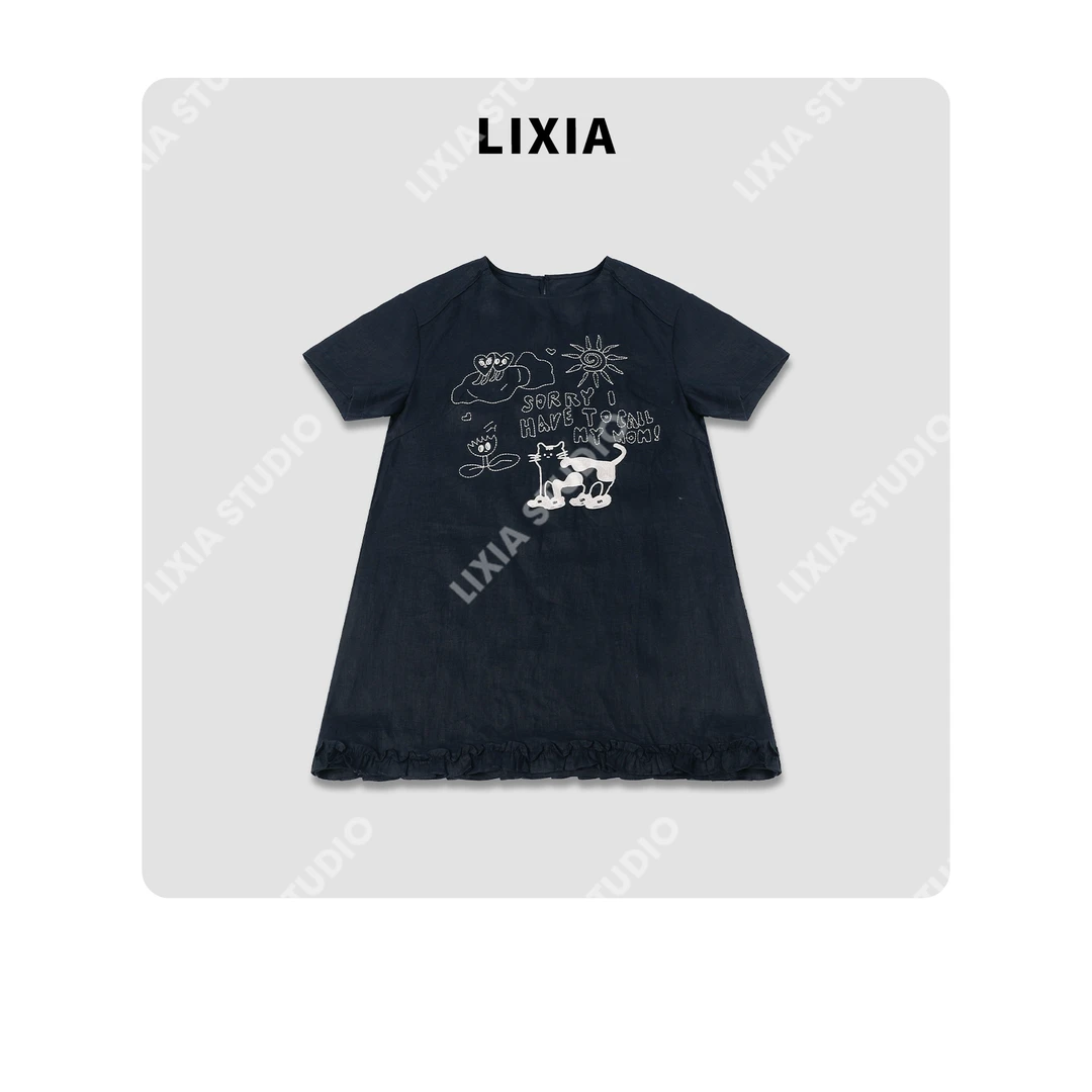 LIXIA【夏日猫咪】高品线绣图案纯亚麻透气慵懒感短款连衣裙-D8255
