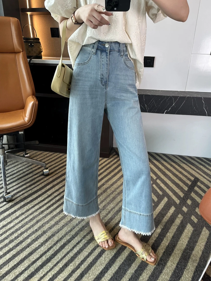 （孤品叫号拍）夏季阔腿裤水洗女牛仔裤大直筒裤时尚宽松百搭极简风