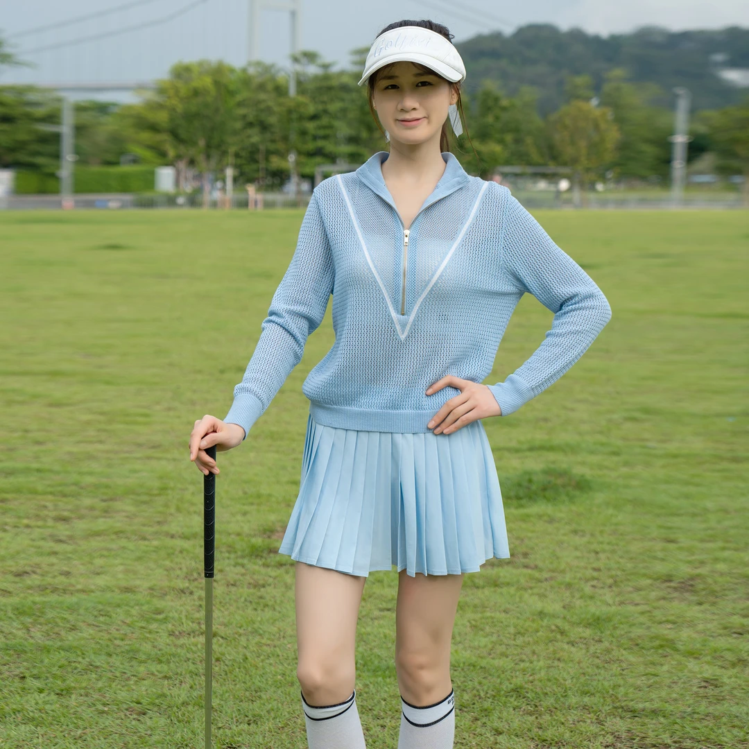 高尔夫慵懒风女士罩衫拼色学院风立领镂空长袖针织衫女网球运动衣