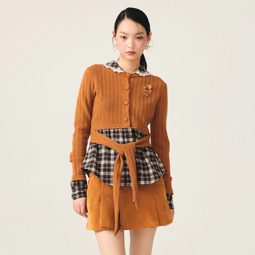 lefame拉飞姆2025冬季新款假两件格纹拼接针织上衣